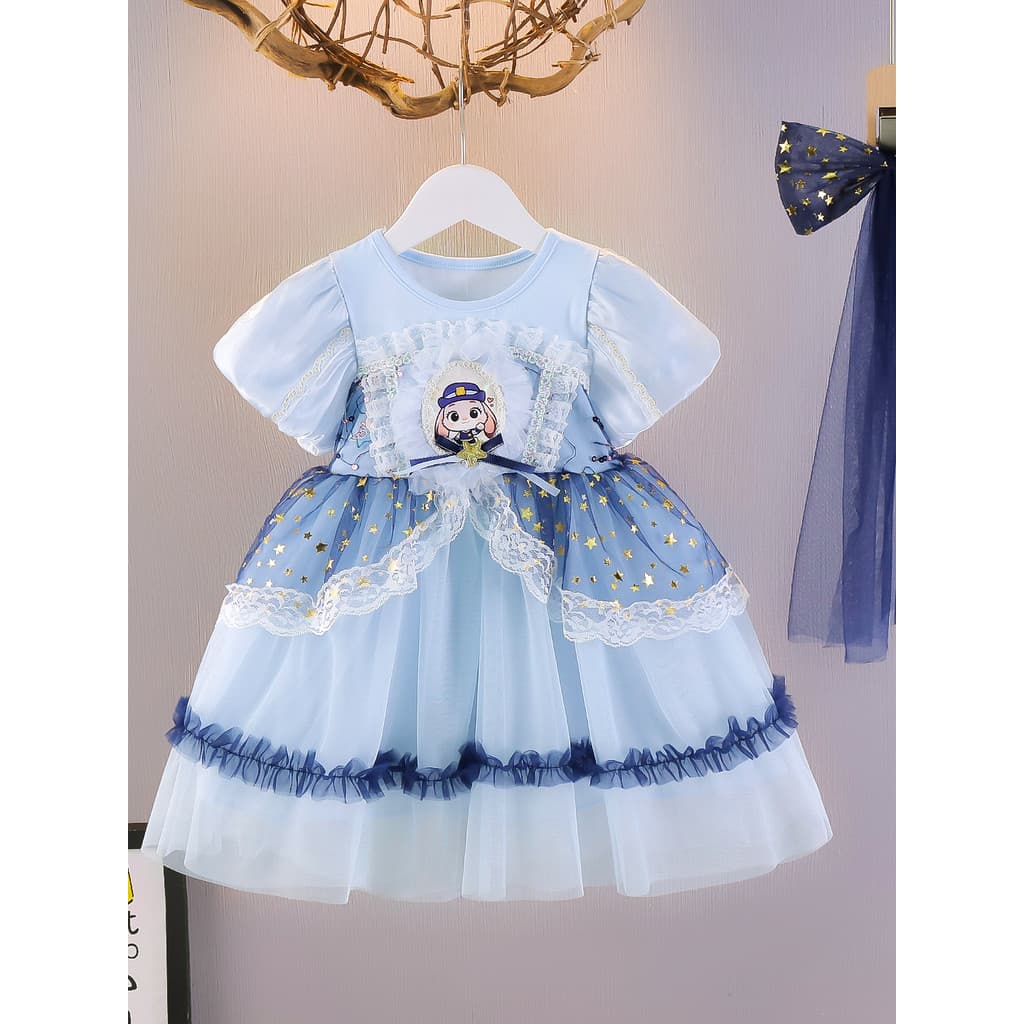 Meninas dos desenhos animados vestido de princesa verão de manga curta coelho policial vestido crianças moda gaze desemp