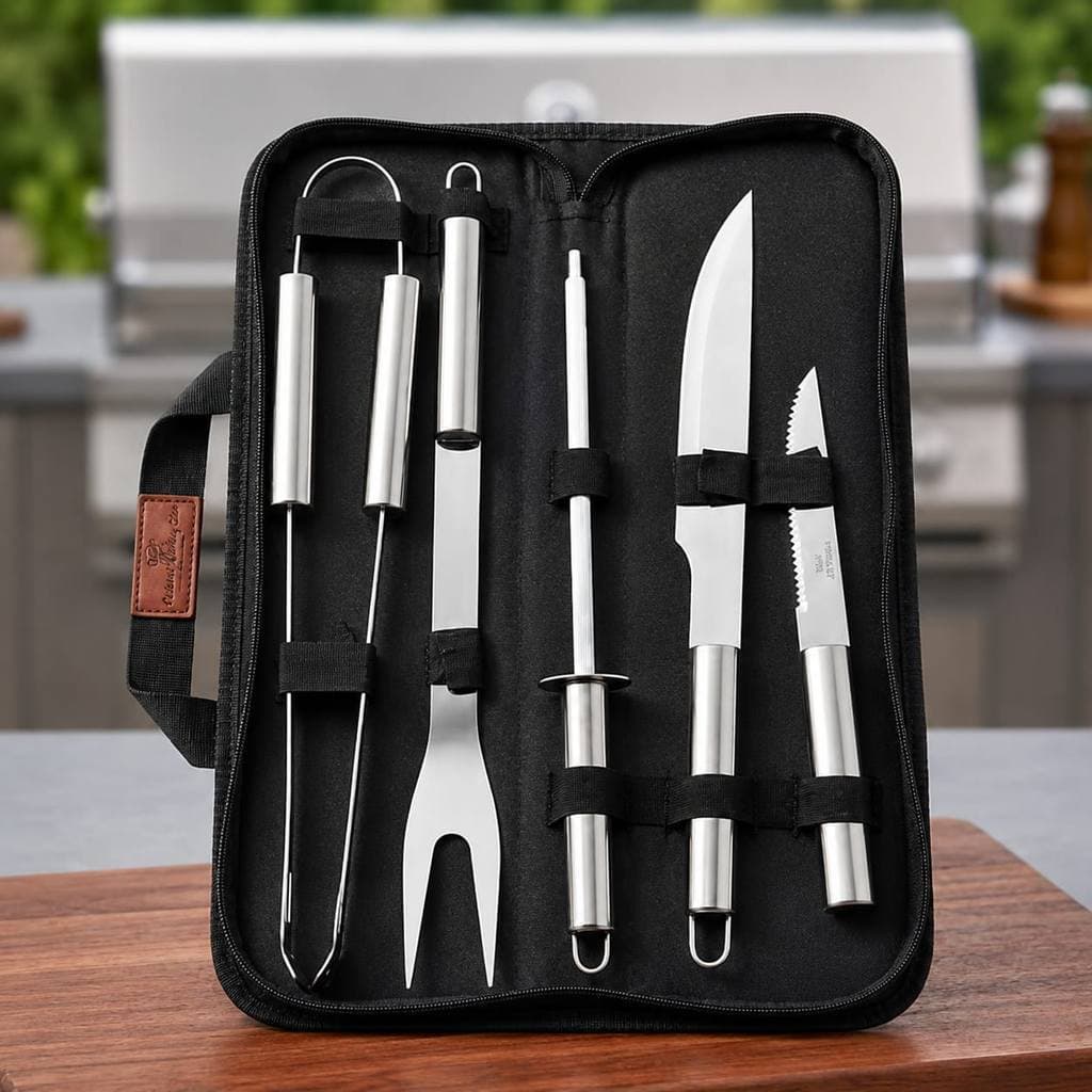 Kit Churrasco 5 Peças Aço Inox Espátula Garfo e Pegador Resistente para Churrasqueira e Grelha