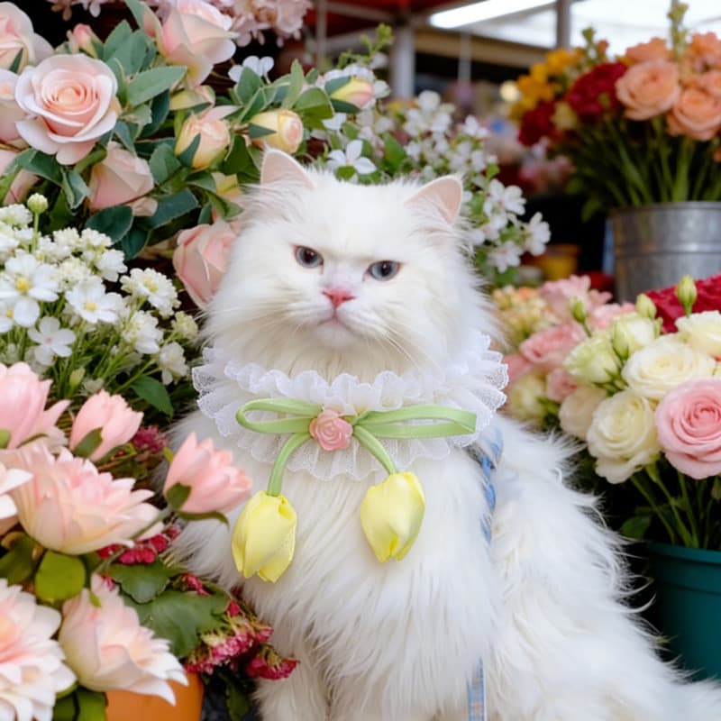 Bonito tulipa flor gato colar Organza High-End Pet Saliva toalha renda borda colar arco