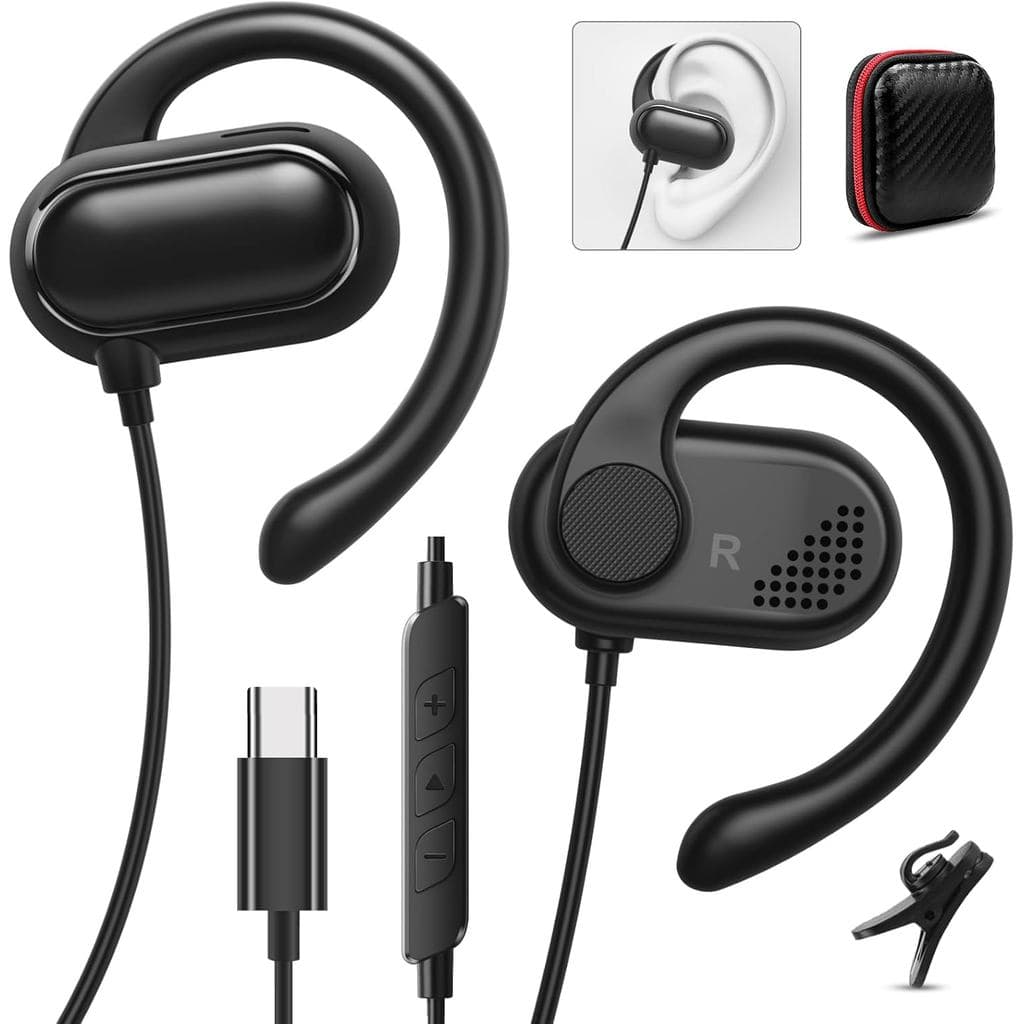 Fones de Ouvido USB C Over-Ear com Ganchos e Microfone para Esportes e Corrida, Adequados para Orelhas Pequenas, Fones d