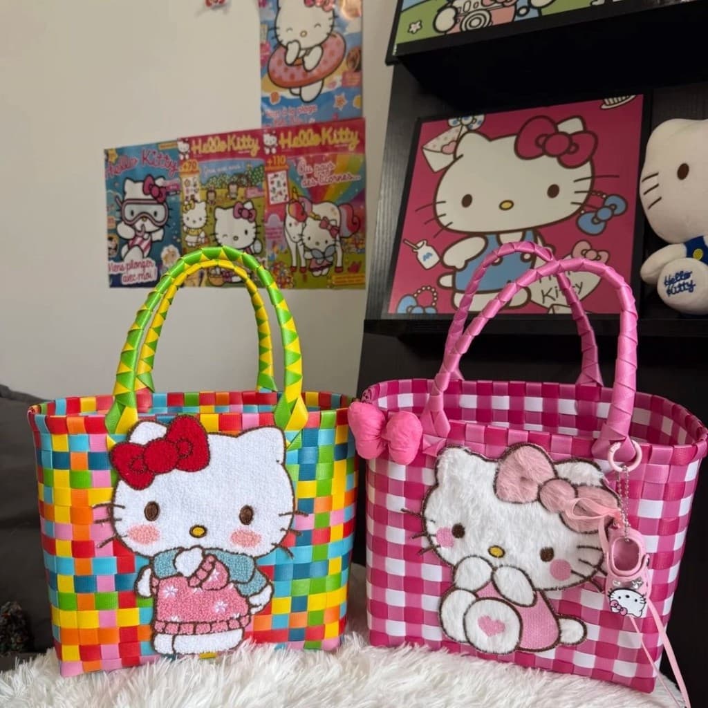 Kitty saco tecido à mão grande capacidade diy cesta de vegetais saco de praia lembrança bolsa de presente de feriado