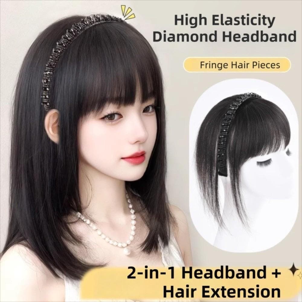 Franja De Faixa De Cabeça De Cristal HUINET , Cabelo Sintética De Extensão Realista , Clipe Em Peças Com Franjas