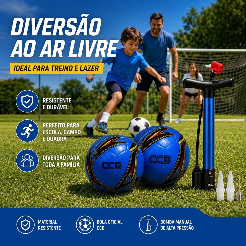 Kit 1 Bola de Futebol CCB + 1 Bomba Manual Portátil com Agulha e Bicos, 5 Cores para Treino, Campo, Quadra e Lazer