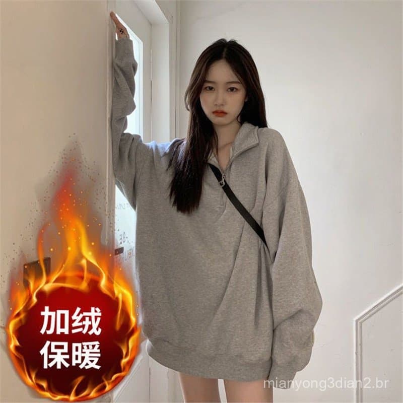 Moletom cinza feminino estudante outono inverno forro de lã meio zíper nicho solto todos @-