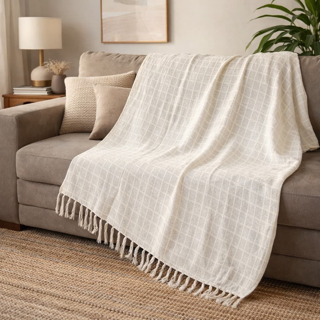 Manta Decorativa para Sofá e Cama 1,40x2,00 Cru | Peseira Elegante Sala Quarto Luxo Premium