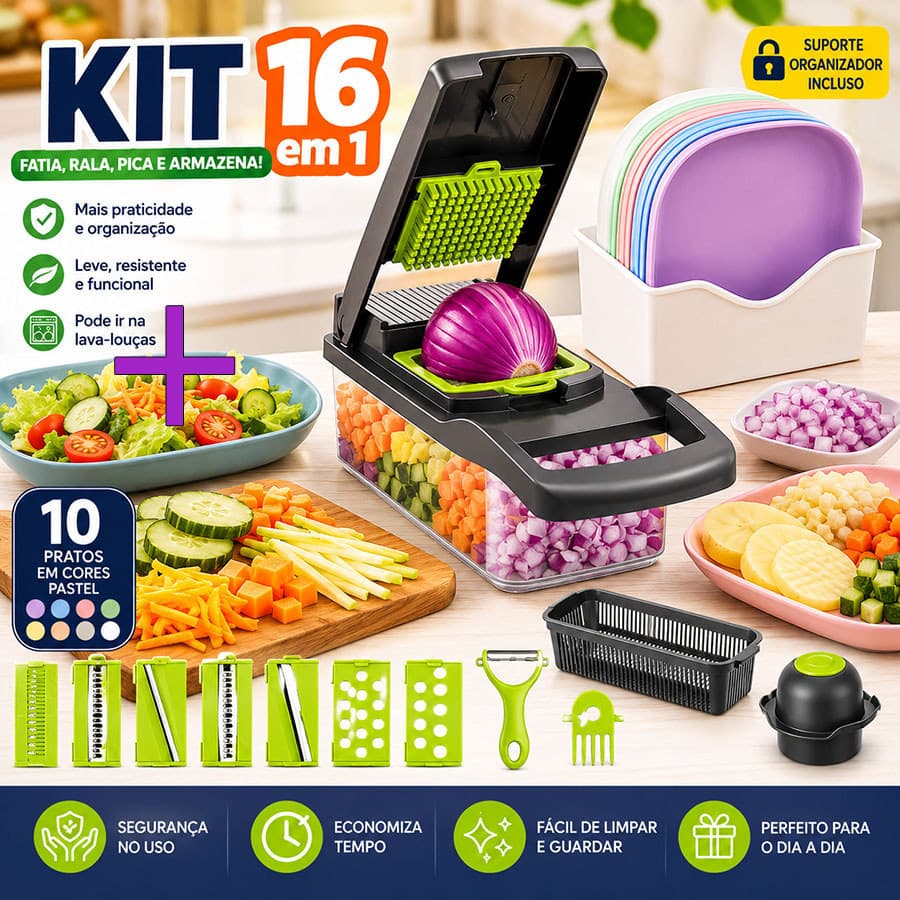 Kit Fatiador de Legumes 16 em 1 + 10 Pratinhos de Servir Petiscos e Saladas - Ideal para Família