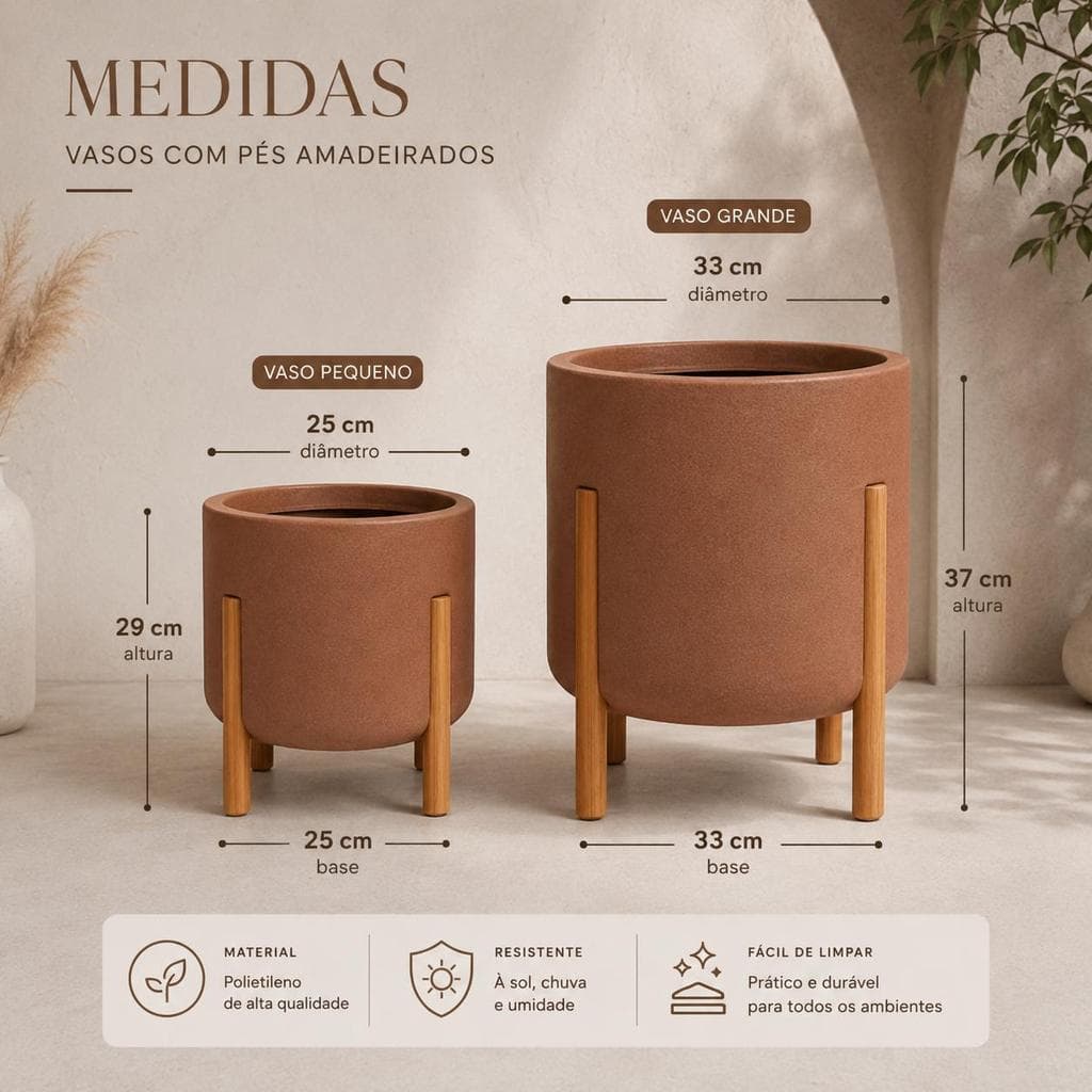 Kit 2 Vasos Nórdico P e M para Plantas em Polietileno com Pés de Madeira