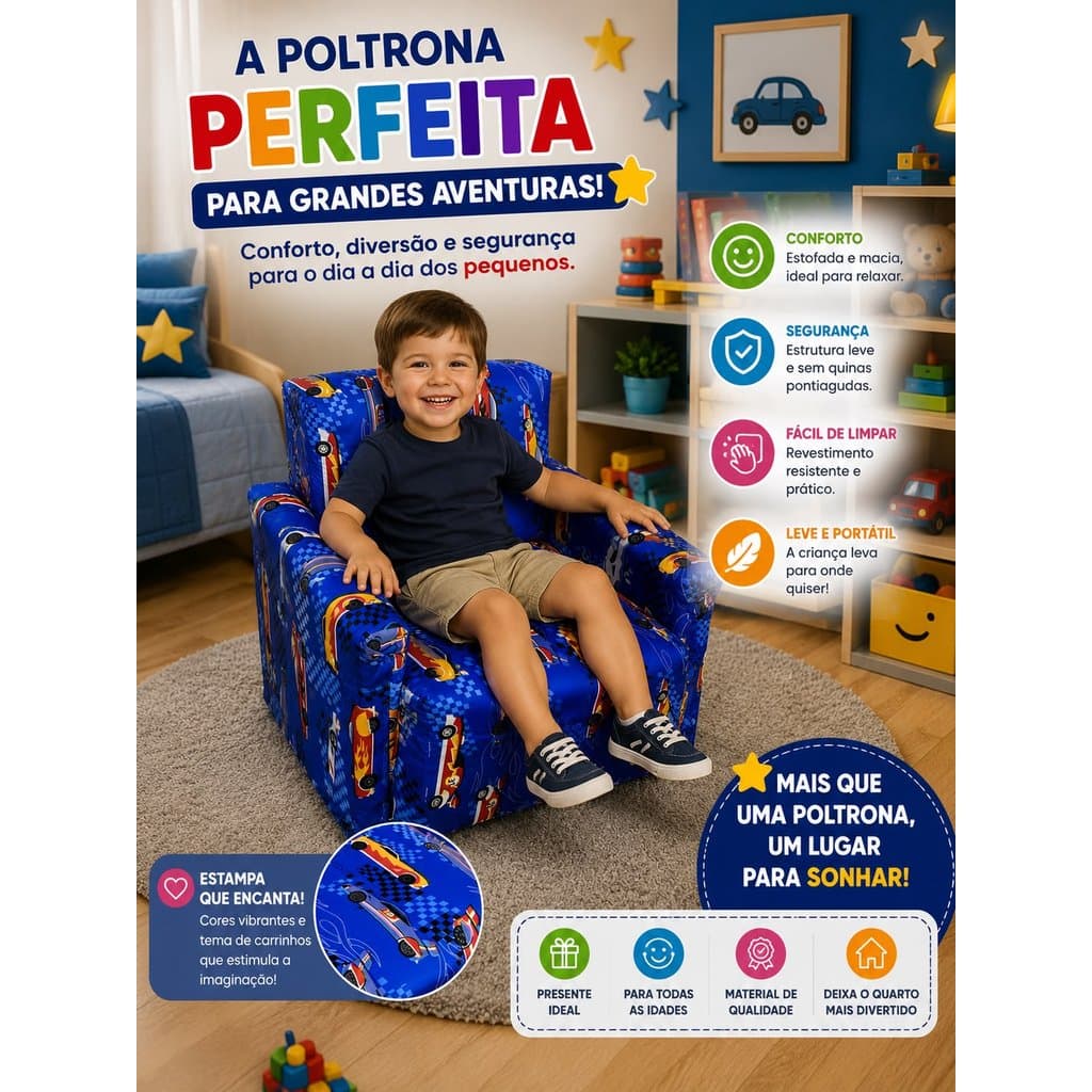 Mini Sofazinho Infantil Menino Estampados Decorativo Confortável Compacto Multiuso Personagens