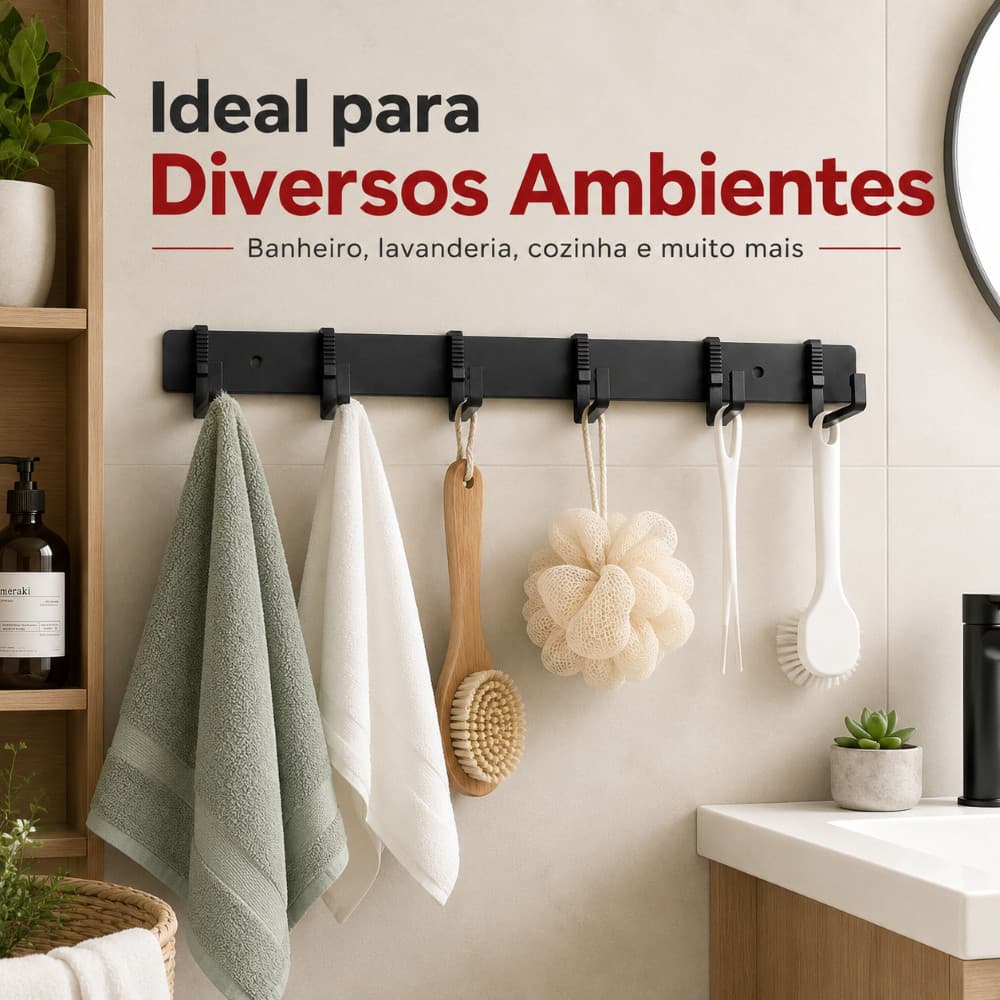 Cabideiro de Parede Multiuso com 6 Ganchos Fixação por Cola ou Parafusos para Cozinha Banheiro Quarto