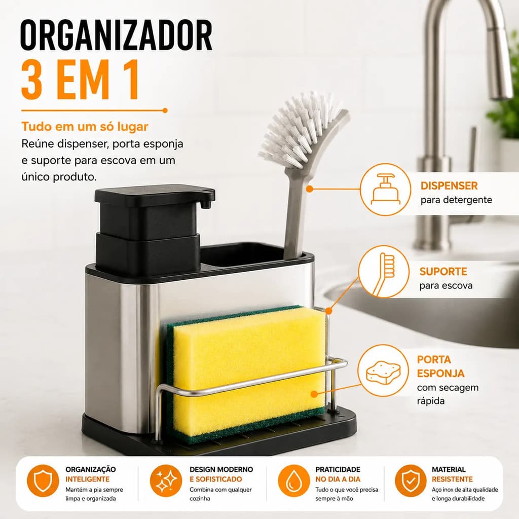 Organizador De Pia 3 Em 1 Inox Com Dispenser E Porta Esponja