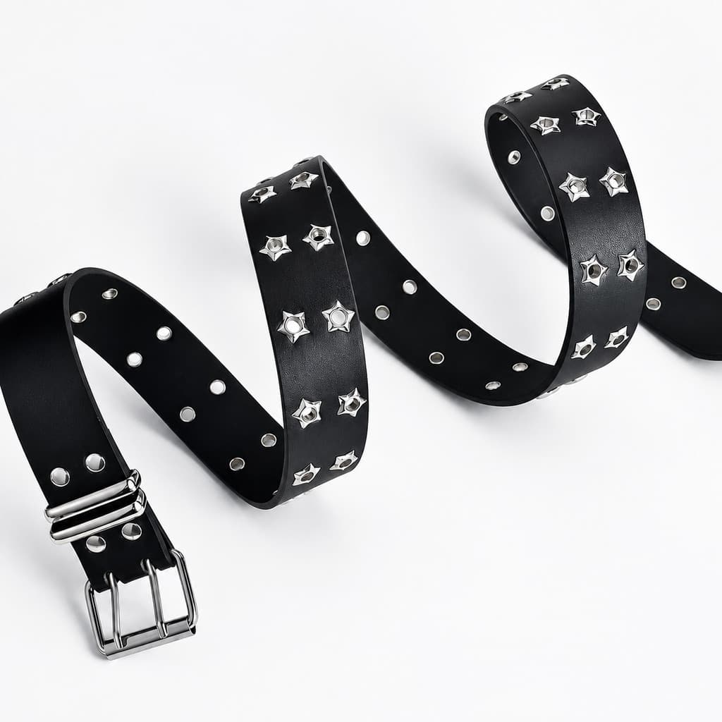 Cinto Estilo Punk Rock em PU com Ilhós de Estrela Fivela Metálica e Ajuste por Furos