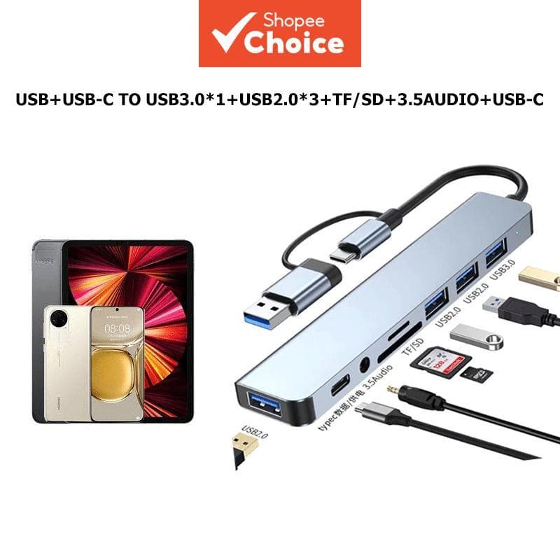 Adaptador Tipo C USB HUB, compatível com até HDMI 4K 30Hz + USB 2.0 + USB 3.0 + PD + SD/TF