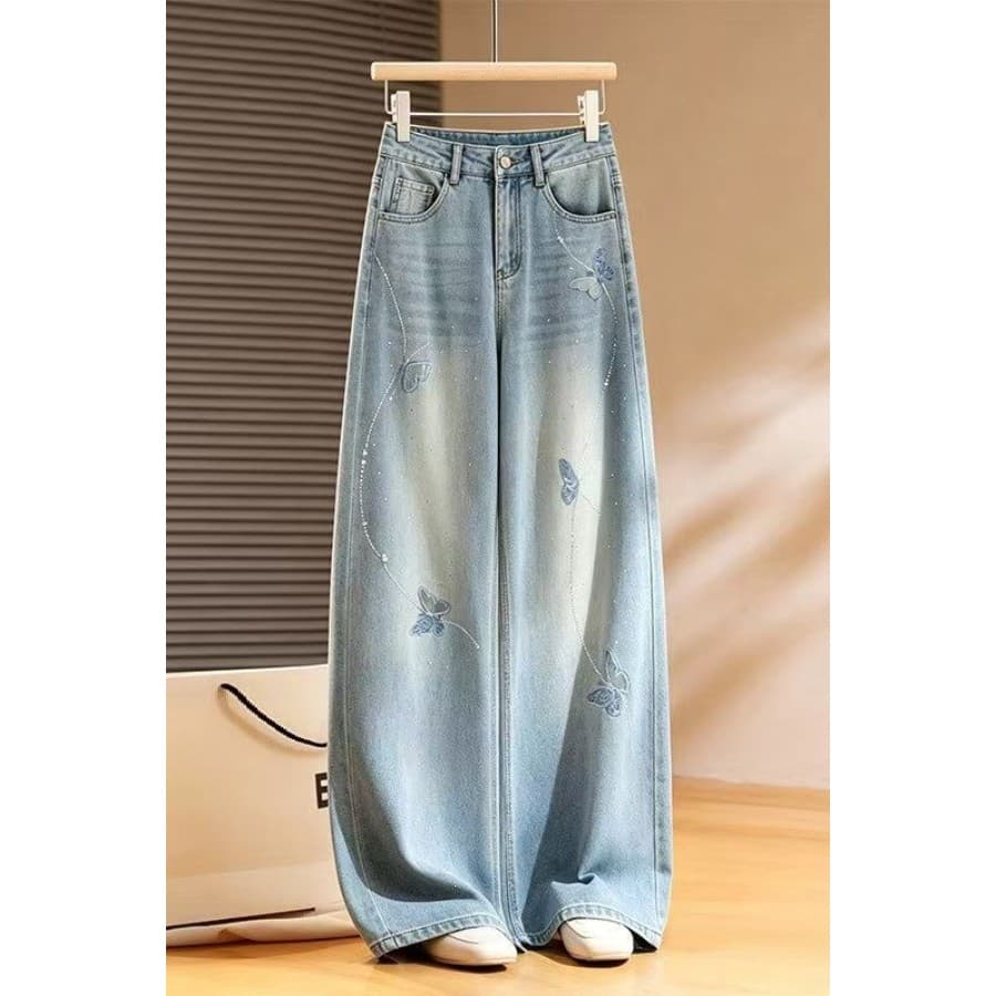 Calças de brim de perna larga azul claro feminino verão estilo fino 2026 novo estilo bordado diamante quente All-Match m