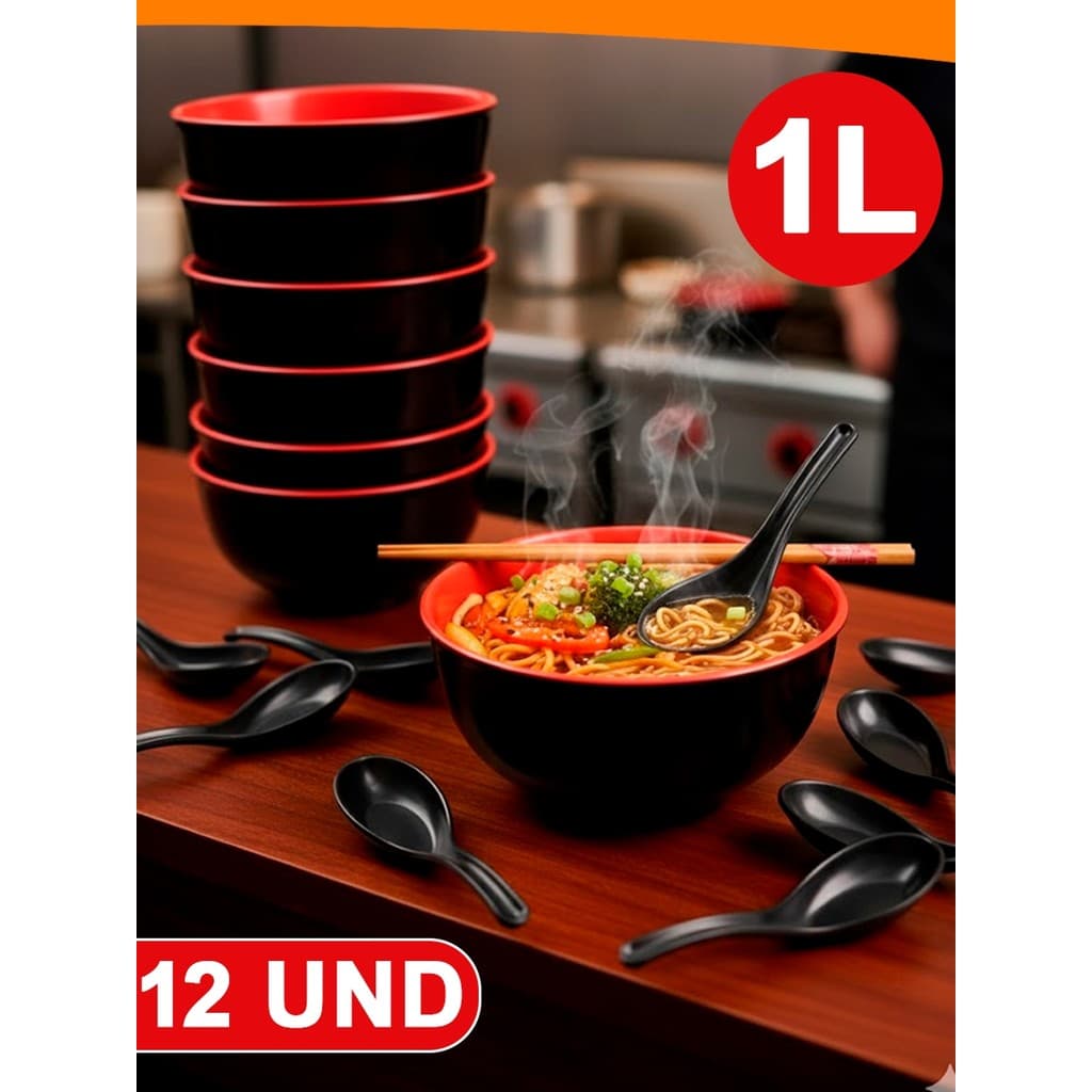 Kit 2 a 12 Tigelas Melamina Com Colher Bowl Oriental Preta 1L Japonês Profissional 17x8CM Importadora Util