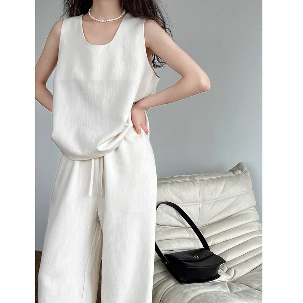 Terno feminino colete de cor clara calças de perna larga superior inferior terno de duas peças estilo dinheiro antigo co