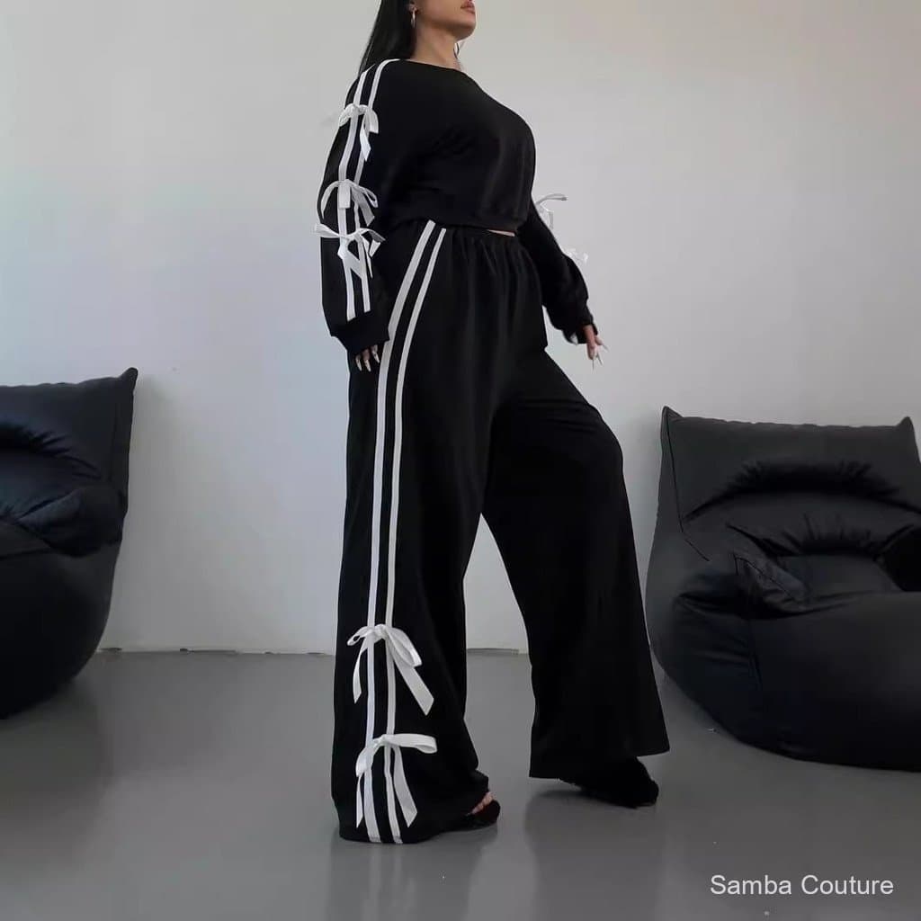 Conjunto feminino de duas peças: blusa casual de manga longa e calças casuais em tamanho plus-size.
