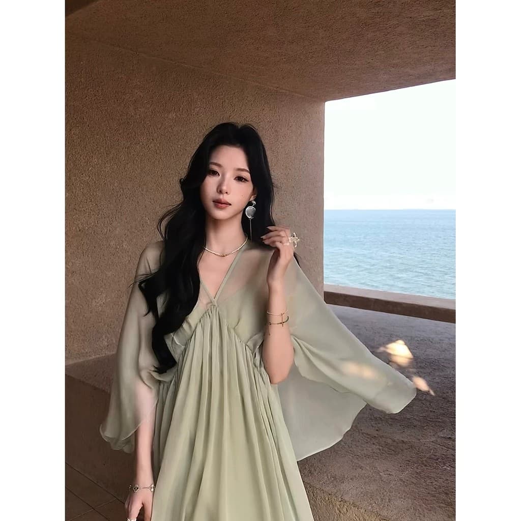 Verde menta com decote em v Chiffon vestido feminino verão solto Drape mais magro olhar grande balanço saia à beira-mar