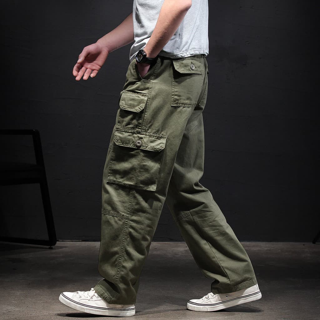 Macacão masculino de algodão puro solto ajuste reto primavera outono algodão calças casuais resistentes ao desgaste calç
