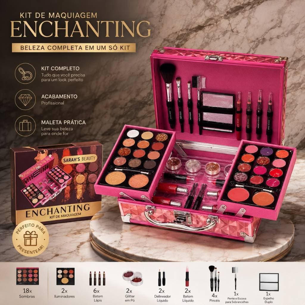Kit de Maquiagem Completo Maleta Profissional com Espelho Sombras Batons Pincéis Glitter Luxo