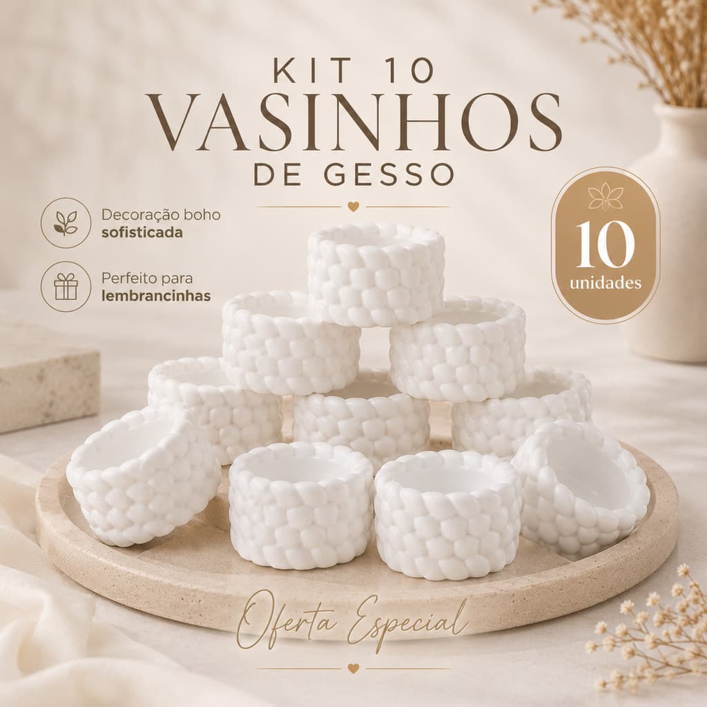 Kit 10 Vasinhos de Gesso Branco Trançado Decorativo Suculenta Porta-Vela Centro de Mesa Lembrancinha