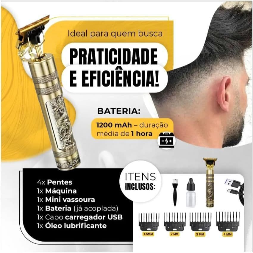 Máquina Dragão de Cortar Cabelo Profissional Recarregável Sem Fio, Lâmina Aço Inox, Ajuste de Corte + Pentes Guia