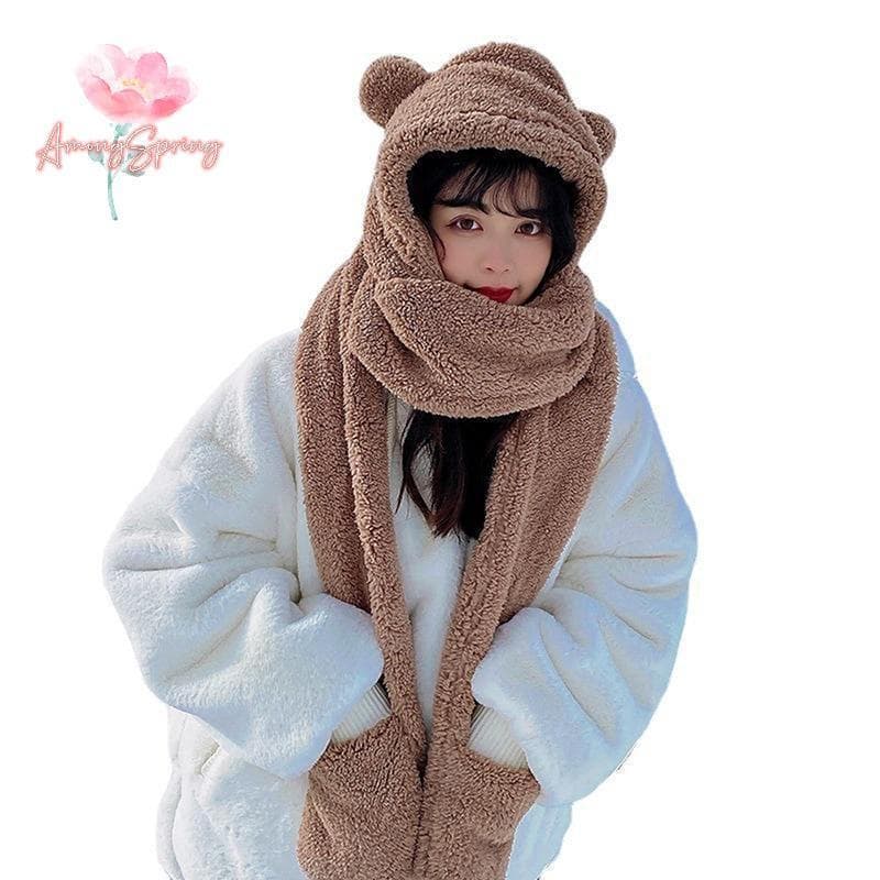 AmongSpring> 1 Peça Bonito Conjunto de Gorro, Cachecol e Luvas com Orelhas de Urso 3 em 1, Quente para o Inverno,