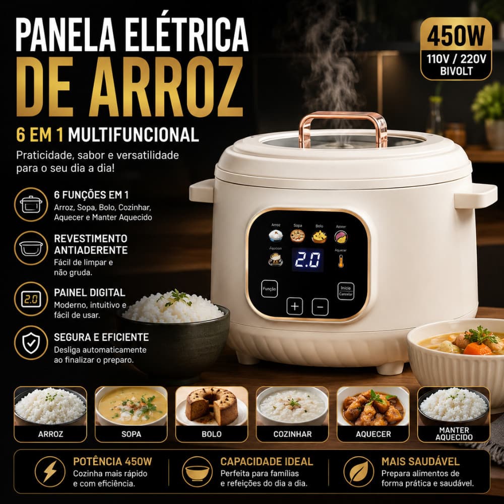 Panela Elétrica De Arroz 6 Em 1 Multifuncional Digital Antiaderente 450W Bivolt Cozinha Prática