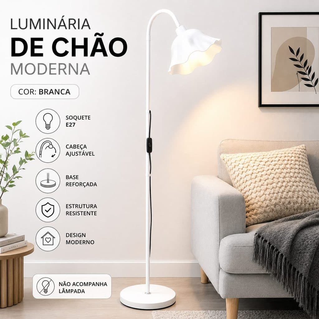 Luminária de Chão Moderna Branca Design Elegante Soquete E27 para Sala Quarto Escritório Base Reforçada