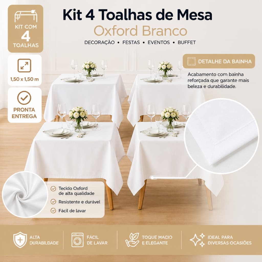 Kit 4 Toalhas de Mesa Oxford Branco 1,50x1,50 Festa Casamento Eventos Buffet