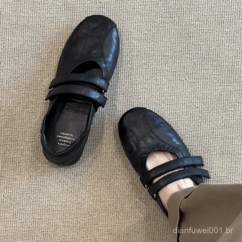 Novos Sapatos Femininos Vintage de Cano Baixo com Velcro 2026, Novos Sapatos Mary Jane Pretos Versáteis e Elegantes com