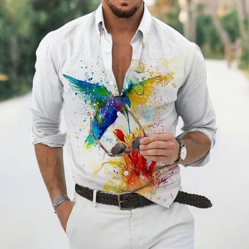 Nova camisa havaiana de verão com estampa de pássaros e flores, camisa masculina de manga longa com estampa 3D de animai