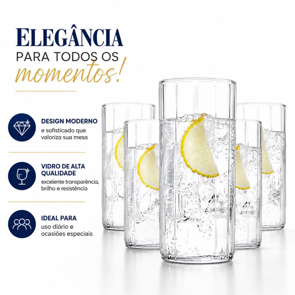 Jogo 6 Copos De Vidro 310ml Para Água Suco Refrigerante Drinks Bebidas Frias Mesa Posta