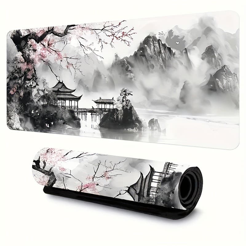 Mouse Pad Para Jogos De Montanha , Tinta Chinesa , Flor De Cerejeira , Pavilhão , Borda Costurada , Borracha Antiderrapa