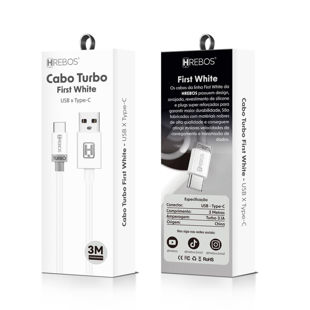 Cabo USB Turbo 3 1A Tipo C First White 3 Metros Branco Hrebos CB 046C