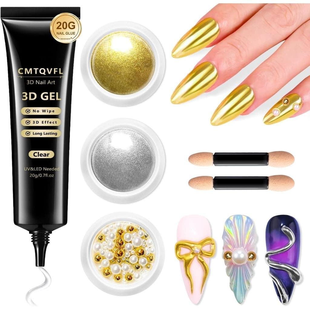 Kit de Pó Metálico Cromado para Unhas No.1 com Espelhado e 20g de Gel 3D |   Escultura de Unhas Transparente Não
