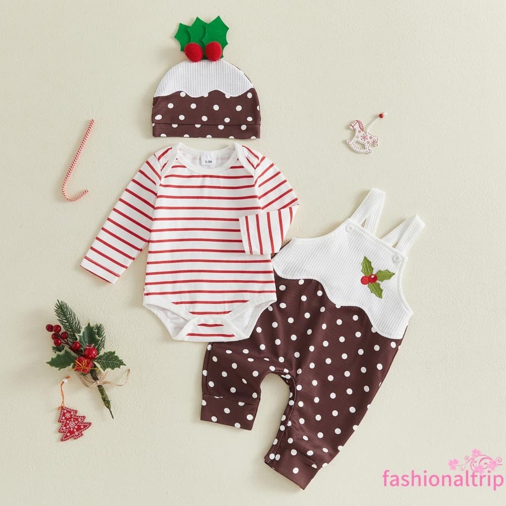 [FaSh] Macacão Listrado De Manga Comprida Para Bebê + Calça Geral Com Estampa De Bolinhas + Chapéu Holly Conjunto De 3 P