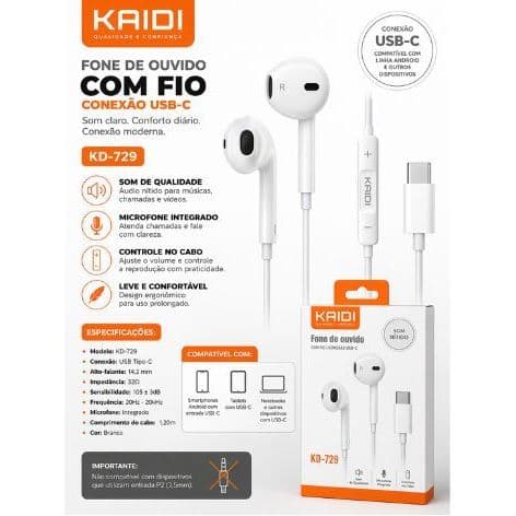 Fone de Ouvido Kaidi KD-729 Com Microfone Original- Comprimento: 1.1 Metros  - Entrada: Tipo C