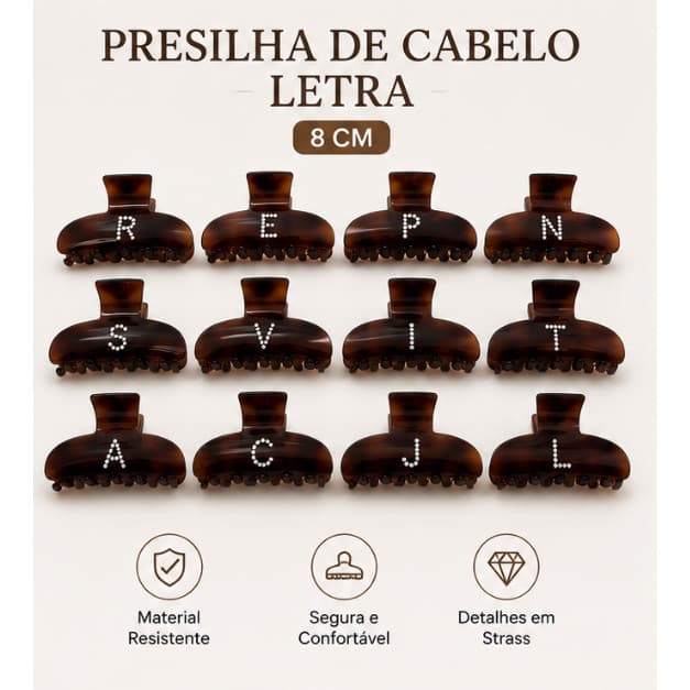 Presilha de Cabelo Piranha 8cm com Letra em Strass Prendedor Grande Acetato Resistente