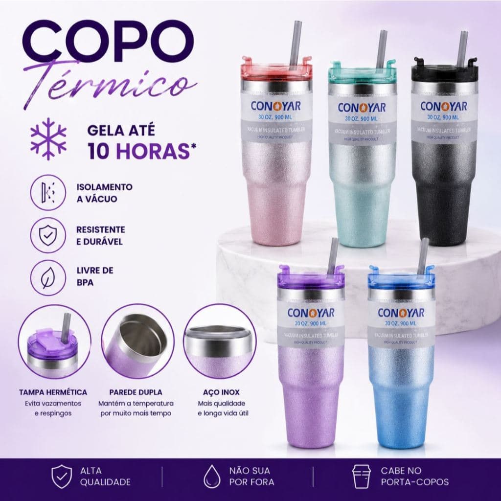 Copo Térmico Inox 900ml com Canudo Reutilizável Tampa Hermética Acabamento Glitter Premium