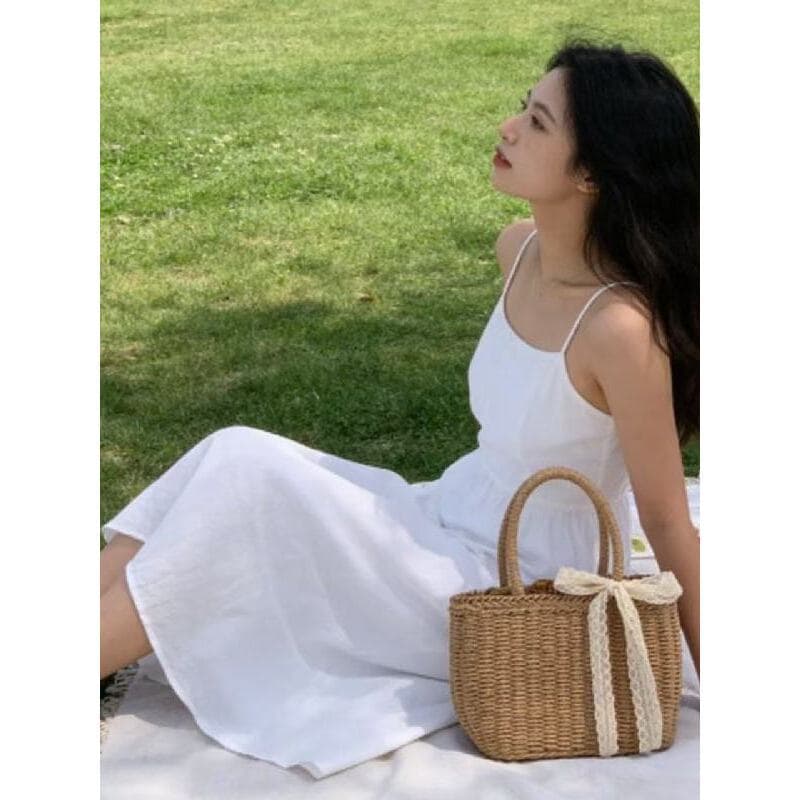 Bolsa de palha portátil de nicho Casual com cordão para férias à beira-mar