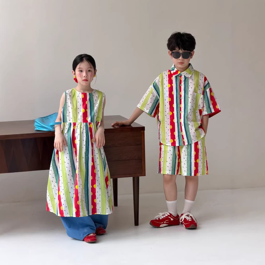 Mongol irmãos irmãs roupas 2026 verão meninos meninas versão coreana listras verticais colorido colete saia crianças lap