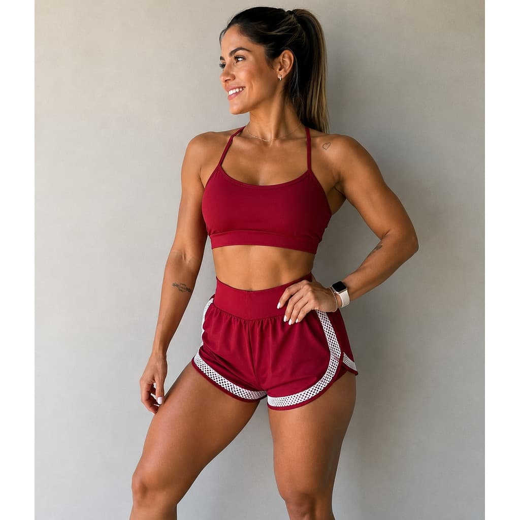 CONJUNTO SHORT DUPLO SUPLEX BEVIX+TOP ALCINHA COM BOJO REMOVIVEL  DETALHES EM TELA TREINO ATIVIDADE FISICA NO GERAL CORR
