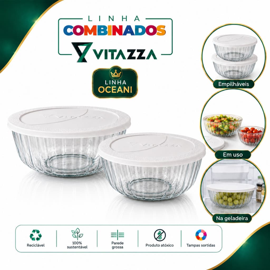 Kit 2 Potes de Vidro com Tampa 2,4L e 3,8L Vitazza