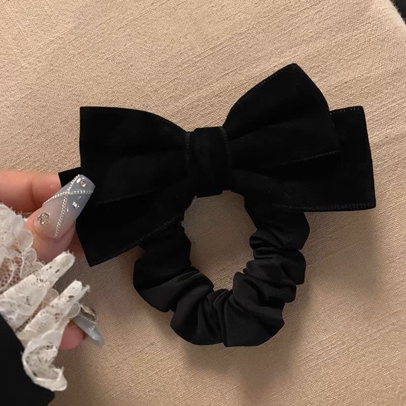 [Estoque pronto] Corda de cabelo com laço preto francês, acessórios para cabelo, veludo, simples, elegante, laço de cabe