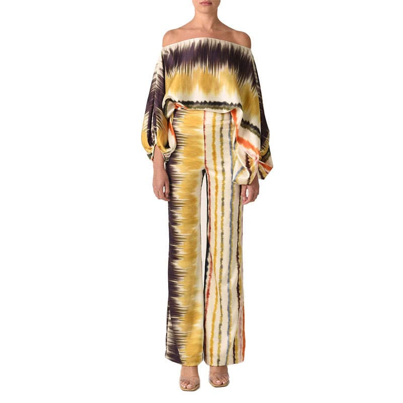 Feminino Impresso Conjunto De Duas Peças Um Ombro Manga Morcego Blusa Cintura Alta Calças Largas Perna Elegante Verão