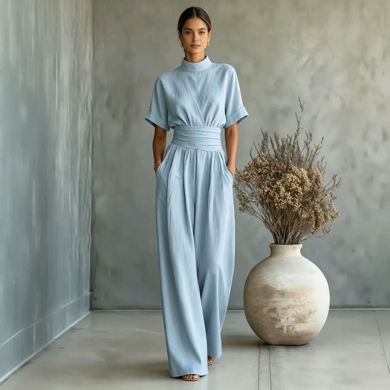 Elegante Verão Feminino Gola Manga Curta Macacão Elástico Ruched Cintura Alta Solta Perna Larga Cor Sólida