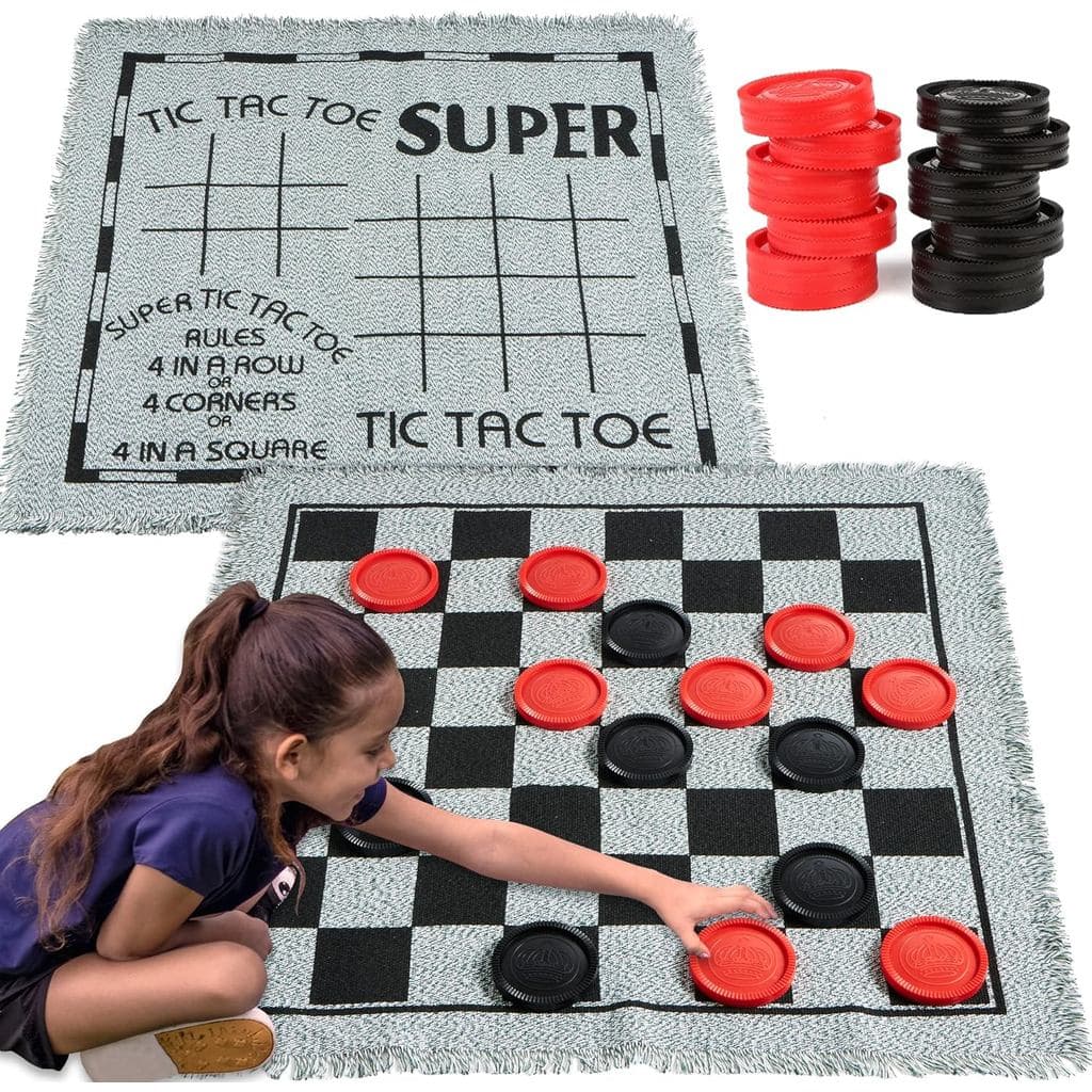Jogo de tabuleiro retrô 3 em 1: damas gigantes, Tic-Tac-Toe, jogos de pés, com tapete de dupla face, 24 peças, jogo de t