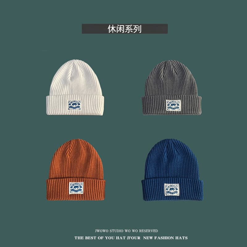 Chapéu de lã feminino outono inverno japonês All-Match preto remendo urso Polar chapéu de malha masculino único Street W