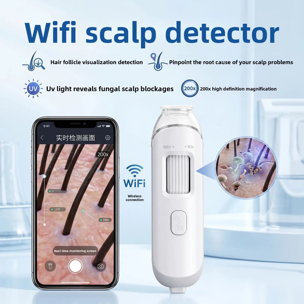 Novo Sem Fio HD 50X/200X Folículos De Cabelo Detector De Couro Cabeludo Dermatoscópio Testador Máquina Analisadora De Pe