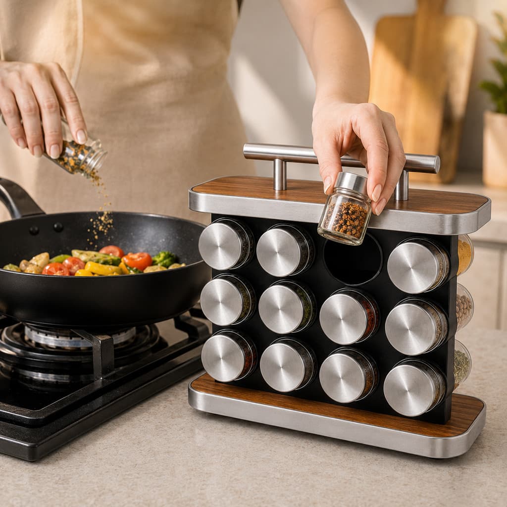 Kit Porta Temperos 12 Potes 90ml – Organizador de Cozinha com Base | Porta Condimentos e Especiarias